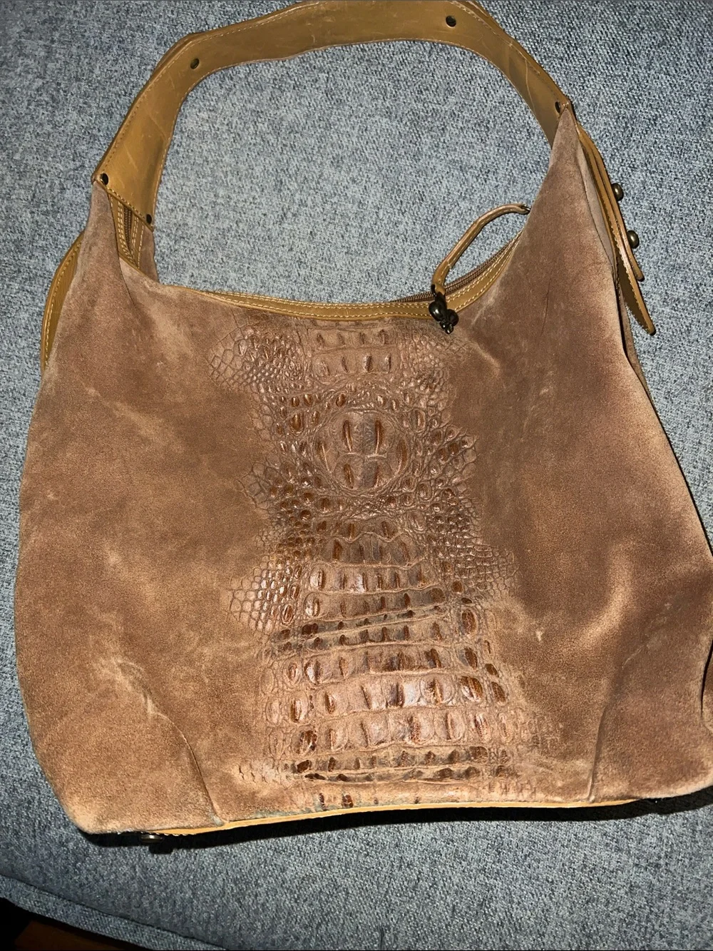 Donald J. Pliner Suede Croc-Embossed Hobo Bag in Brown EUC